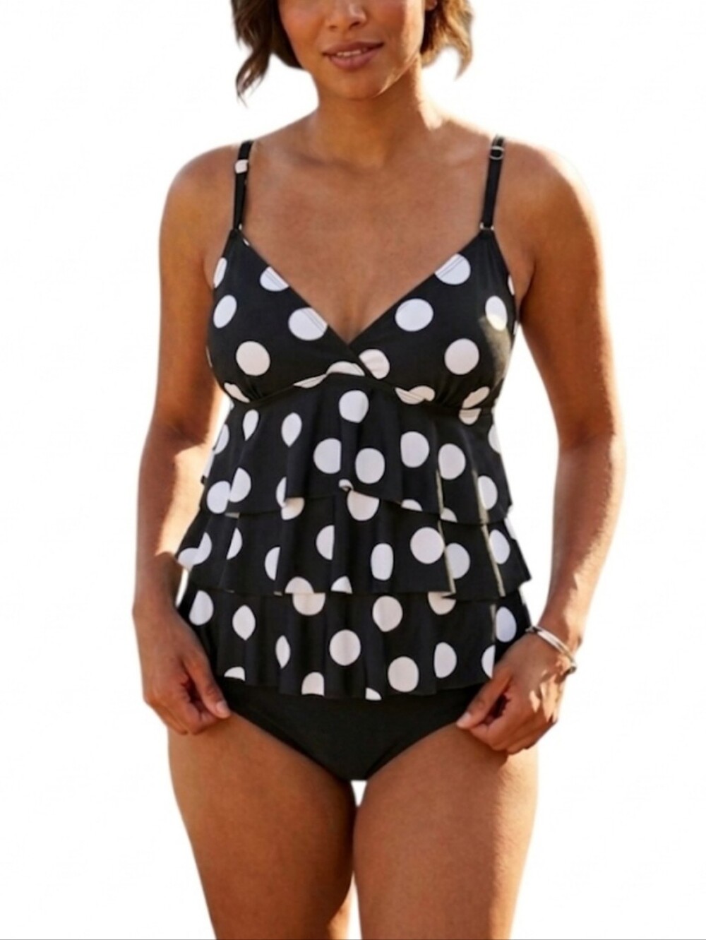 St John's Bay Womens Tiered Ruffle Tankini Top Polka Dot Swimwear Size 8 NWT